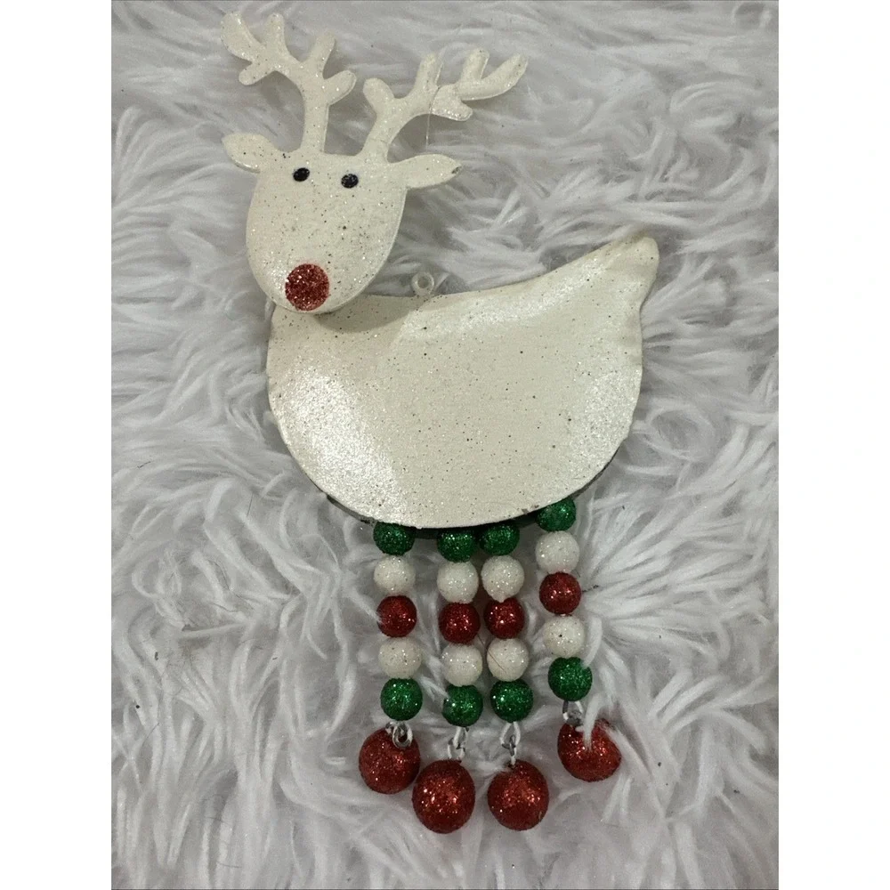 Vintage Pier 1 White Glitter Reindeer Bobble Head Red And White Dangle Legs